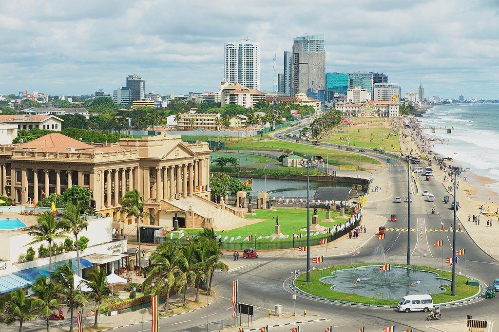 A aerial view of the Parliament and Galle face with beach skyline in Colombo