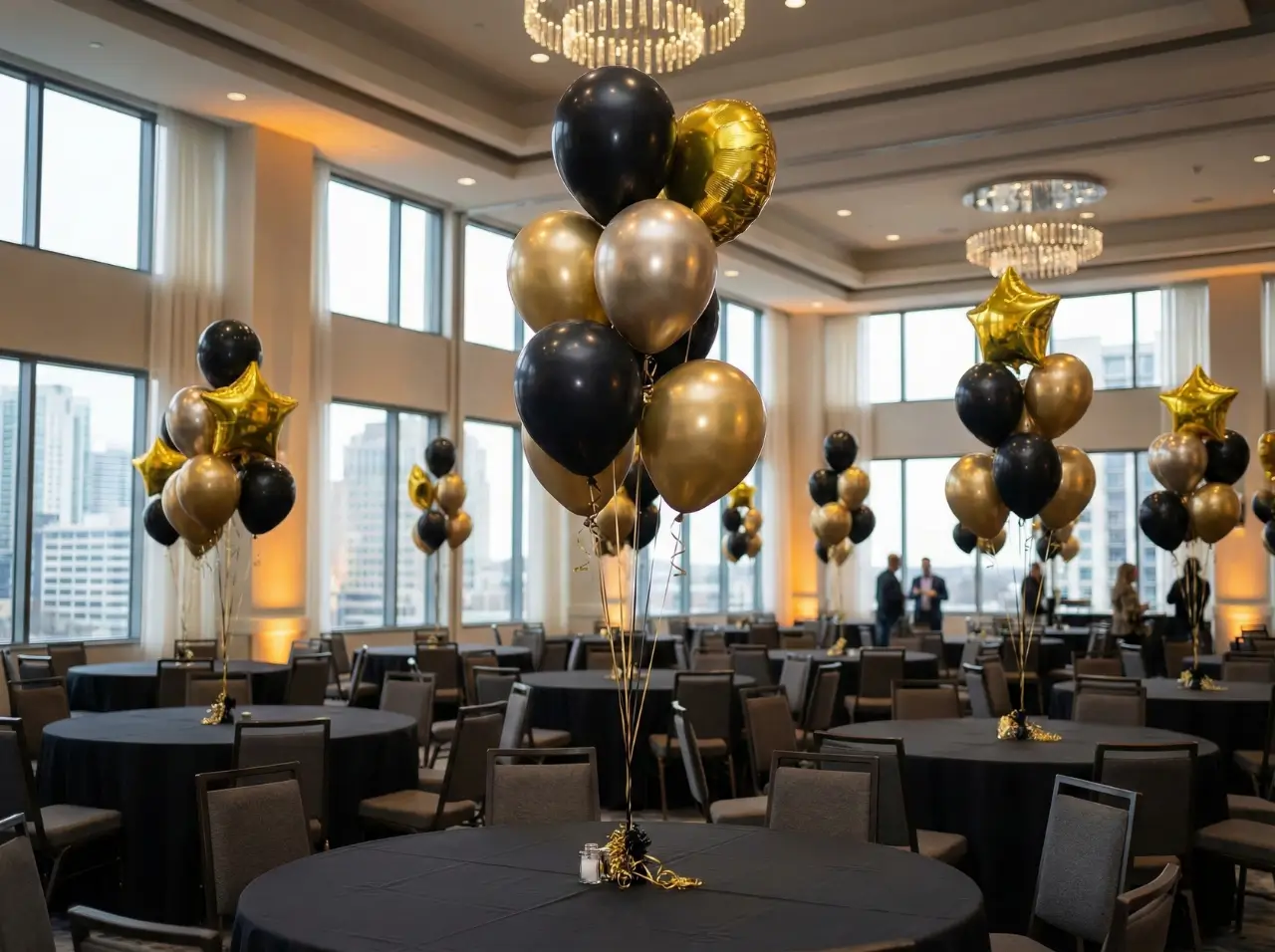 Event room with round tables covered in black tablecloths and centerpieces of black, gold, and metallic helium balloons, including star-shaped ones in conference room in Dallas.