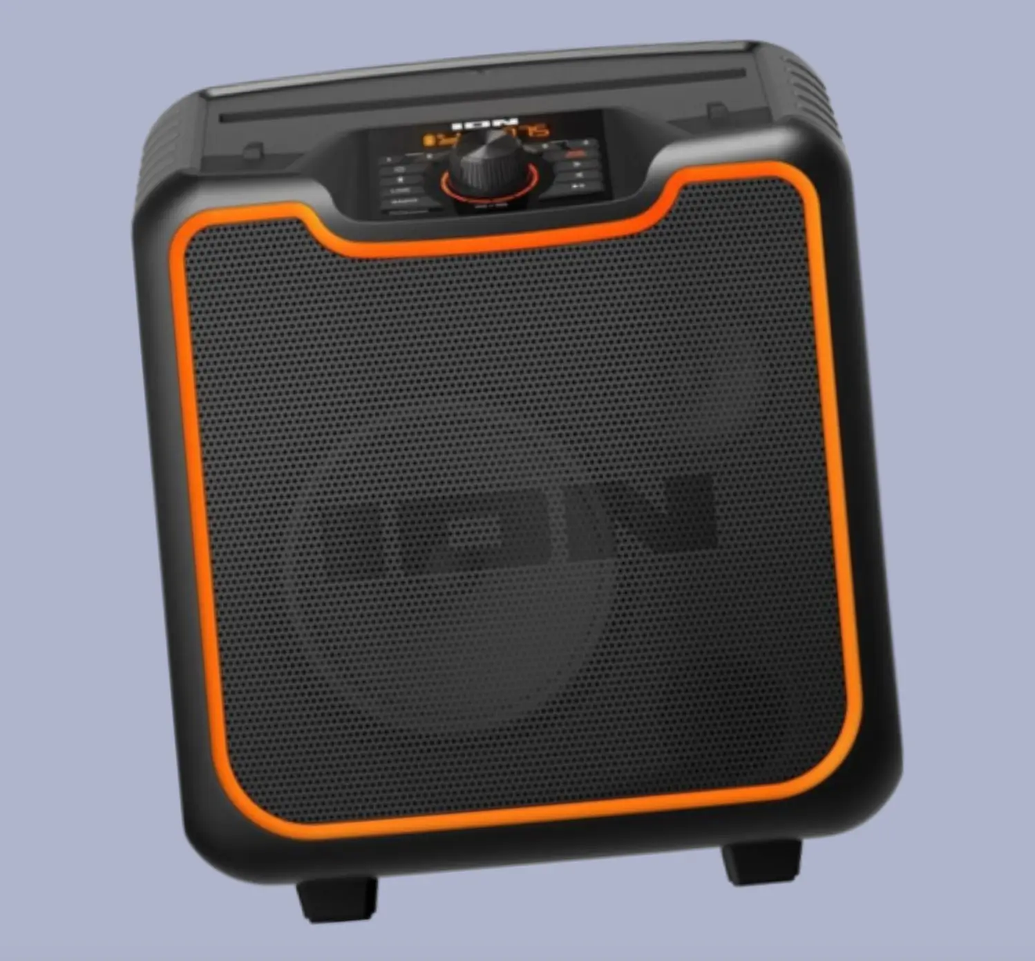 Black portable speaker with an orange border and control knob on top against a light purple background.