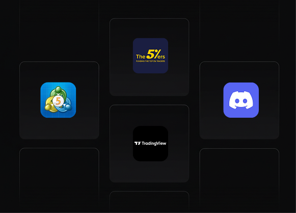 Grid of five app icons on a dark background including The 5%ers, Discord, TradingView, and two others.