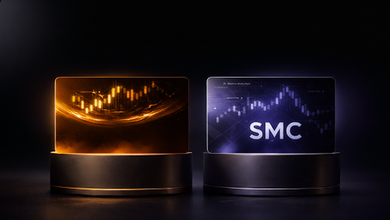 Two glowing digital panels on round black bases, one orange with 'LIQUIDITY HUNTER' and financial chart, the other blue with 'SMC' and stock graph.