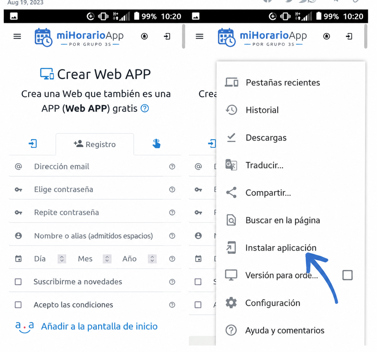 Menú de Chrome con la opción Instalar aplicación