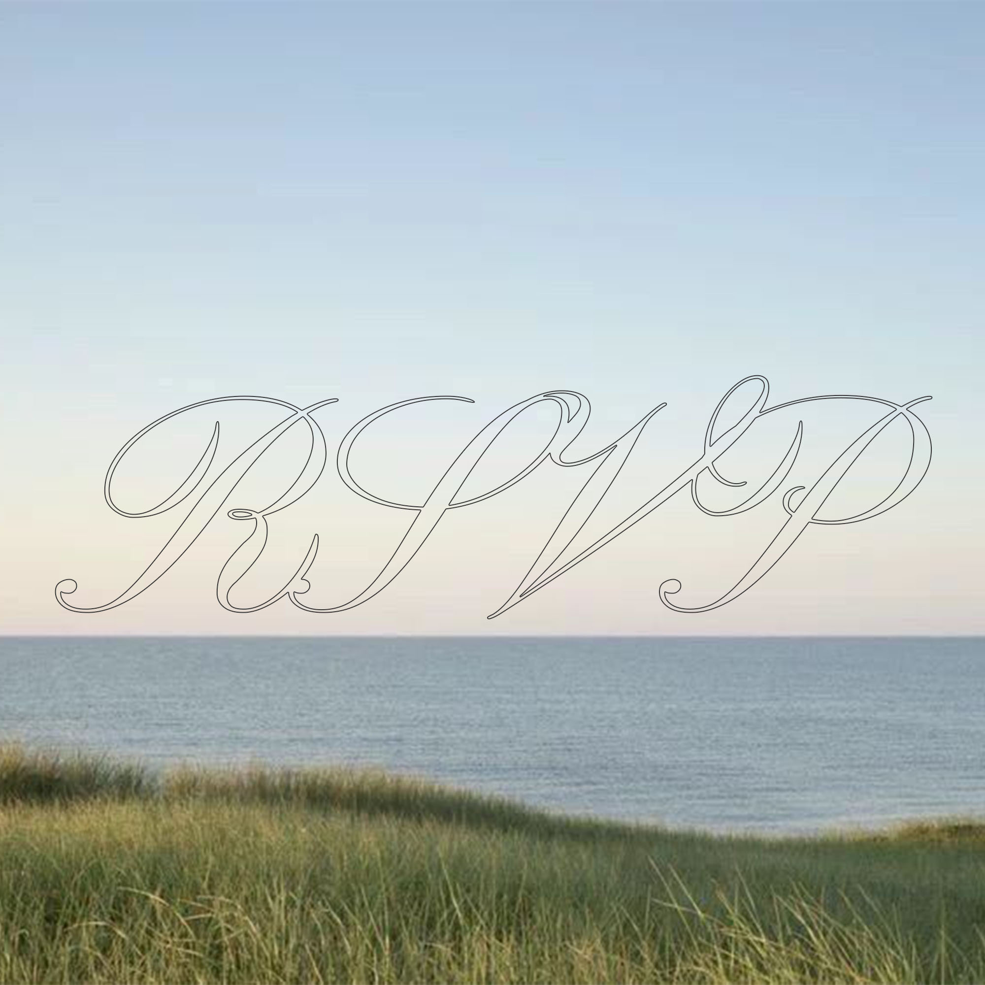 Coastal scene with green grass in the foreground, calm ocean, and clear sky with cursive RSVP text overlay.