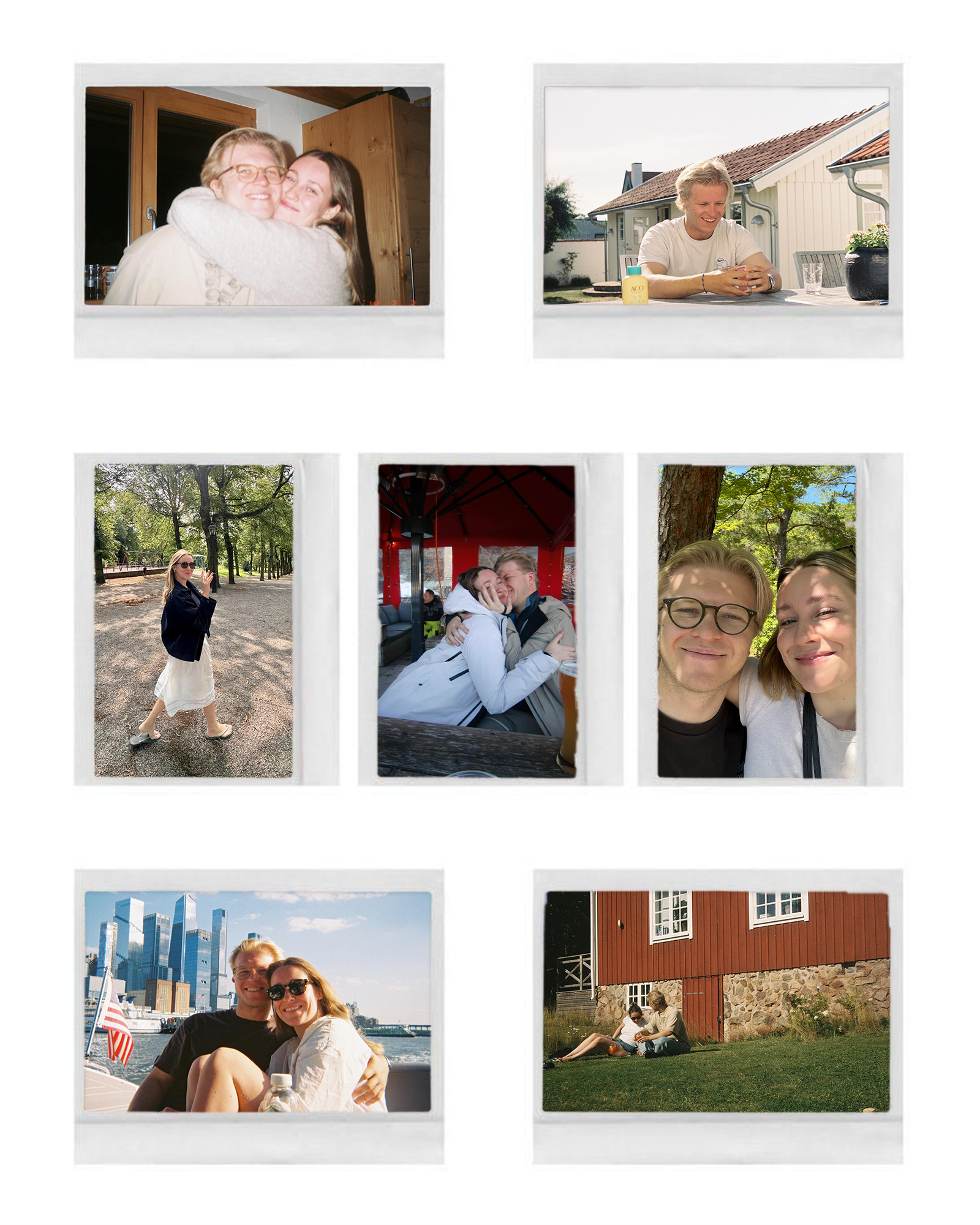 Collage of seven photos showing a smiling couple in various outdoor and indoor settings, including hugging, sitting by a table, walking in a park, sharing a kiss, taking a selfie in the forest, relaxing on a boat with a city skyline, and sitting on grass by a red house.