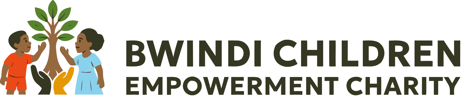 Logo showing two children reaching towards a tree held by two hands, with text 'Bwindi Children Empowerment Charity'.