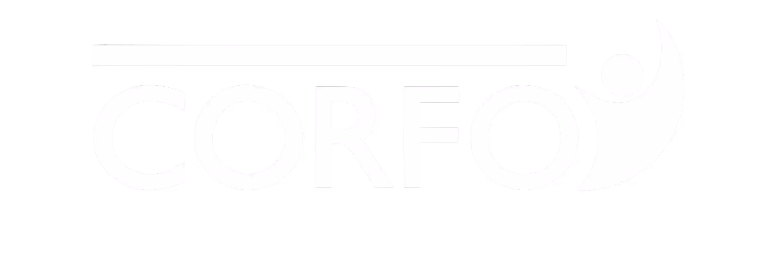 Logotipo da CORFO com linha horizontal acima do texto e símbolo de pessoa estilizada à direita.