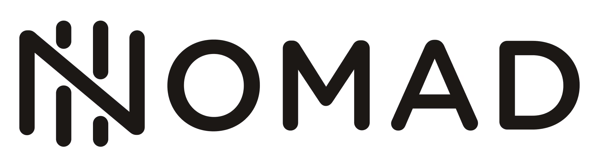 Logotipo com a palavra NOMAD em letras pretas estilizadas.