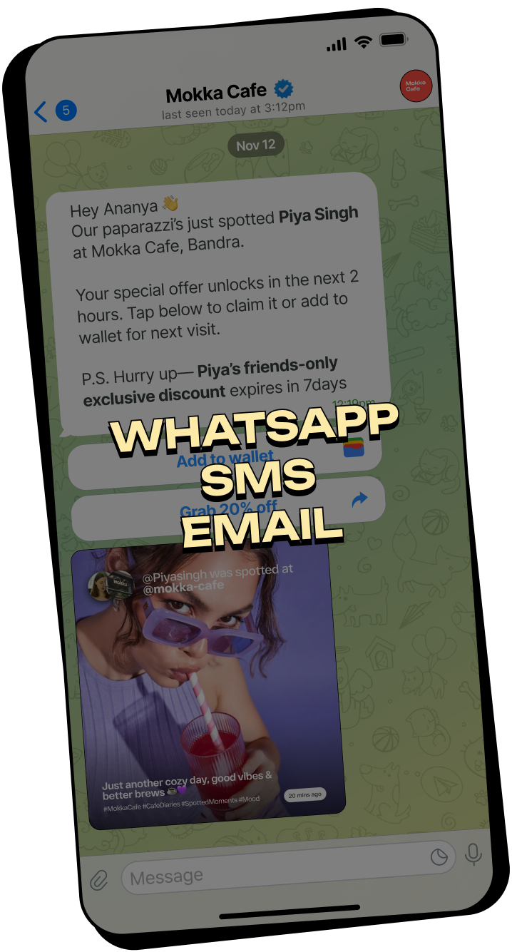 WhatsApp chat from Mokka Cafe notifying Ananya that Piya Singh was spotted there, offering a friends-only discount with options to add to wallet or grab 20% off, overlaid on a photo of a woman drinking through a striped straw.