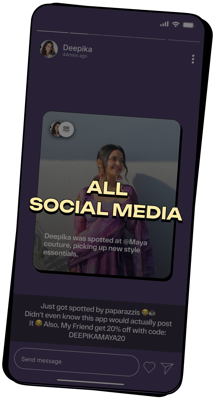 Social media post by Deepika showing her in a purple traditional outfit with text offering 20% off using code DEEPIKAMAYA20.