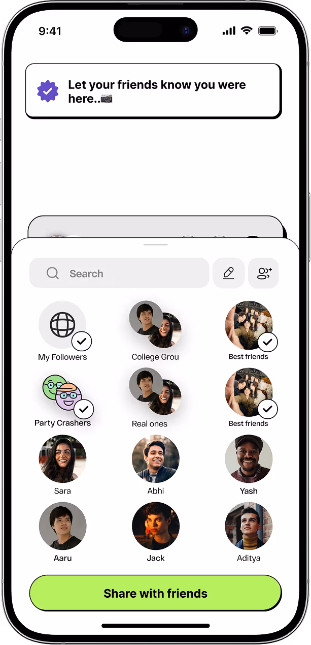 Smartphone screen showing a social sharing interface with user groups and individual contacts selected for sharing, and a green button labeled 'Share with friends'.