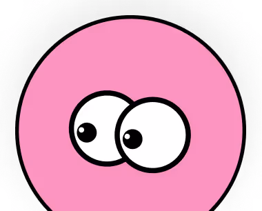 Cartoon illustration of two white eyes with black pupils looking to the right on a pink circular background.
