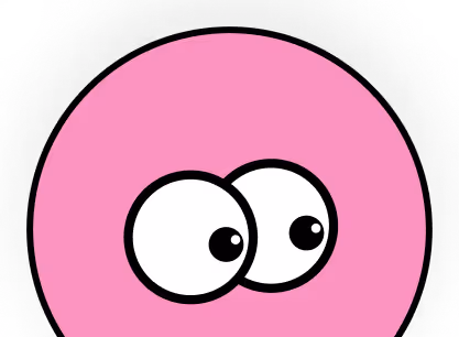 Pink circle with two large cartoon eyes looking to the right on a black background.