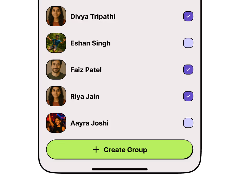 Mobile interface showing a list of five contacts with profile pictures and names; three contacts are selected with purple check marks, and a green button labeled 'Create Group' is at the bottom.