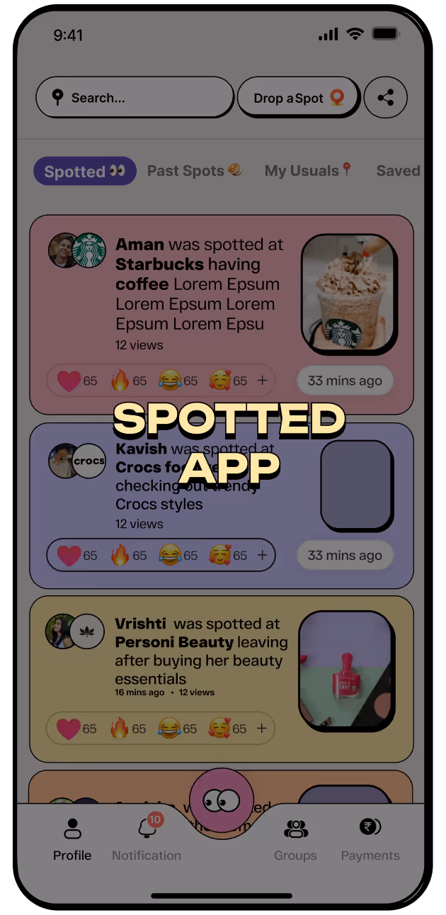 Mobile app interface showing user posts about spotted locations including Starbucks, Crocs, and Personi Beauty, with reactions and timestamps.