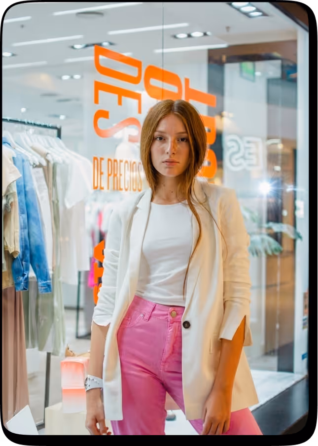 Young woman wearing a white blazer and pink pants standing in front of a clothing store window with orange text.