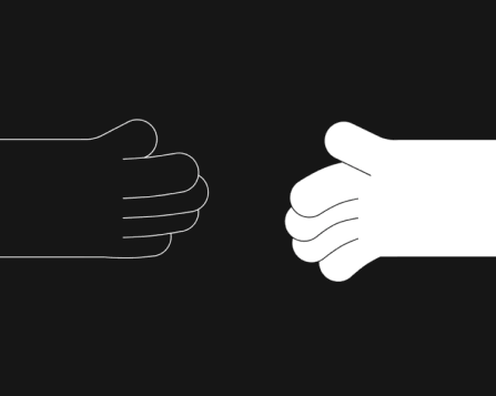 Black and white graphic of two stylized hands facing each other, one outlined in white on black background, the other solid white on black.