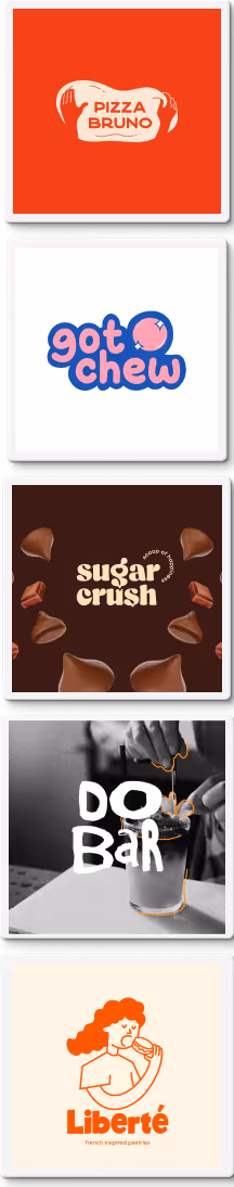Five stacked food brand logos: Pizza Bruno with stylized hands on an orange background, Got Chew in blue and pink bubble letters on white, Sugar Crush with scattered chocolates on brown, DO BAR with barista pouring coffee on black and white photo, and Liberté with a red-haired person eating and small text French inspired pastries on cream.