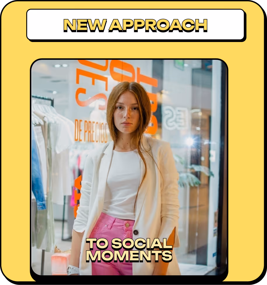 Young woman with long brown hair wearing a white blazer and pink pants standing in a store with text 'New Approach to Social Moments'.