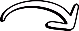 White curved arrow pointing down and to the right on a black background.