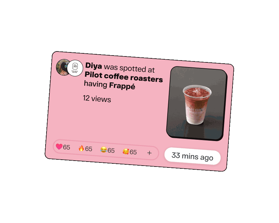 Social media post showing Diya spotted at Pilot coffee roasters having frappé with image of frappé drink in a plastic cup.