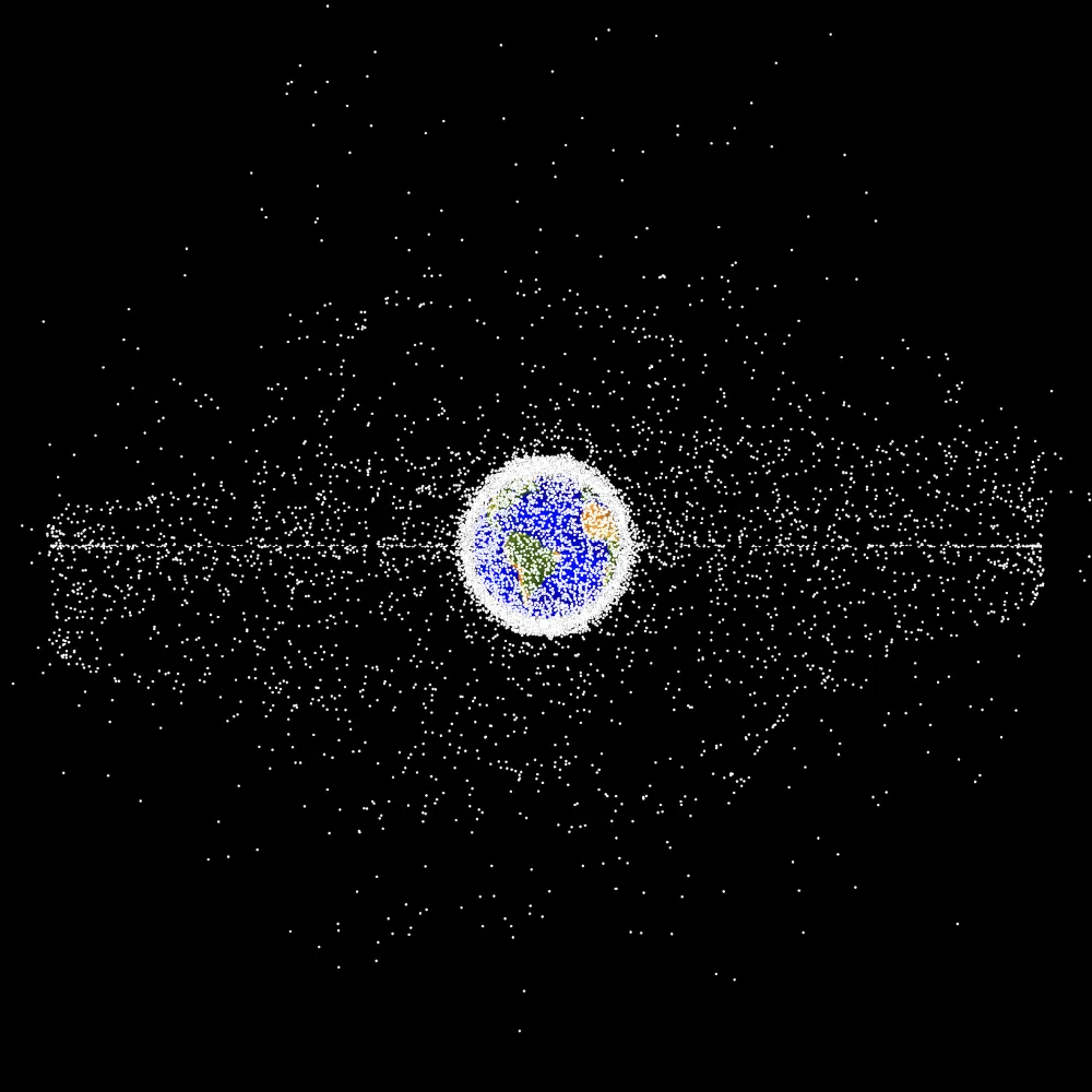 Illustration of Earth surrounded by numerous white dots representing space debris orbiting around it.