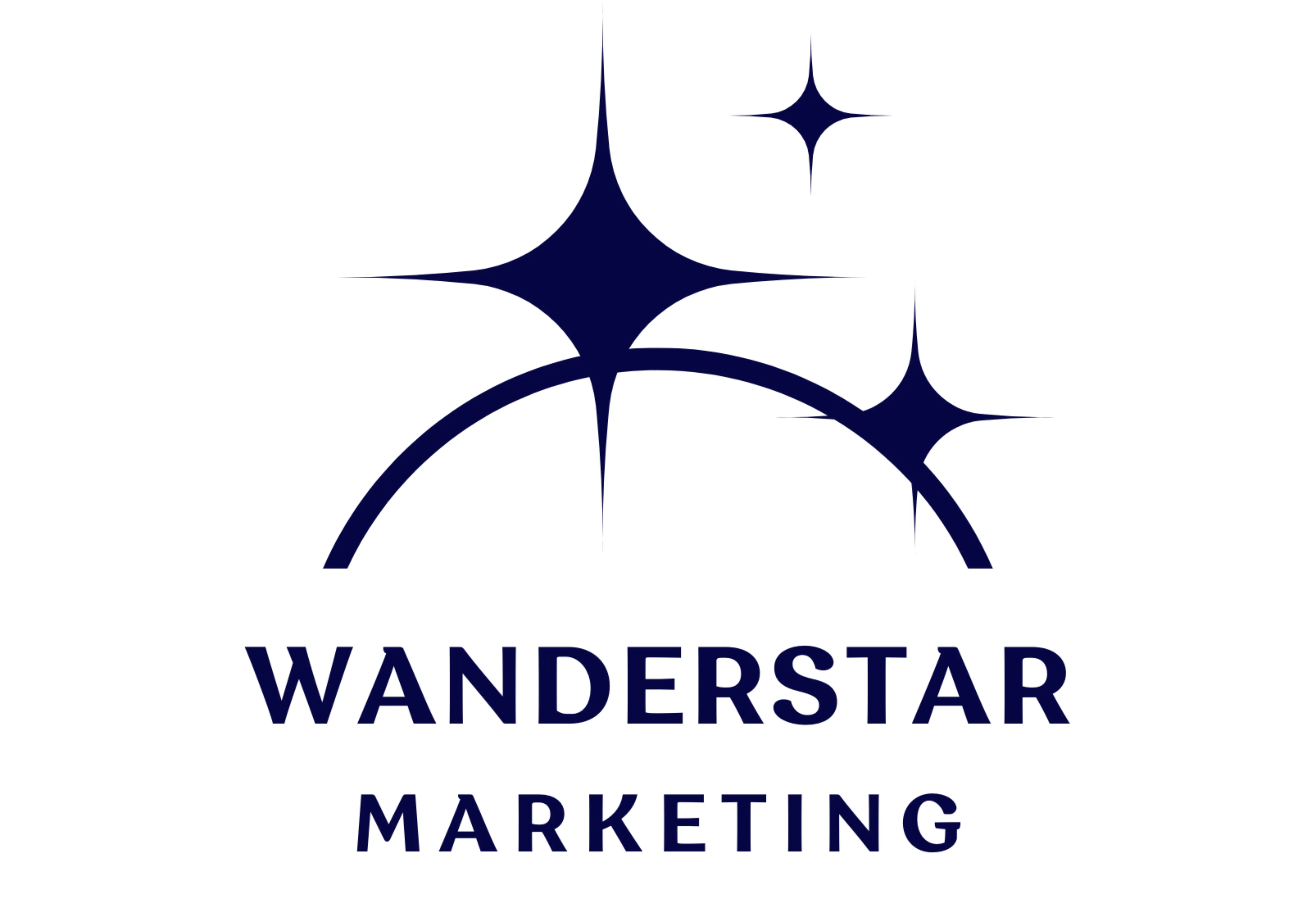 Wanderstar Marketing logo featuring a dark blue arc with three sparkling stars above it and the company name below.