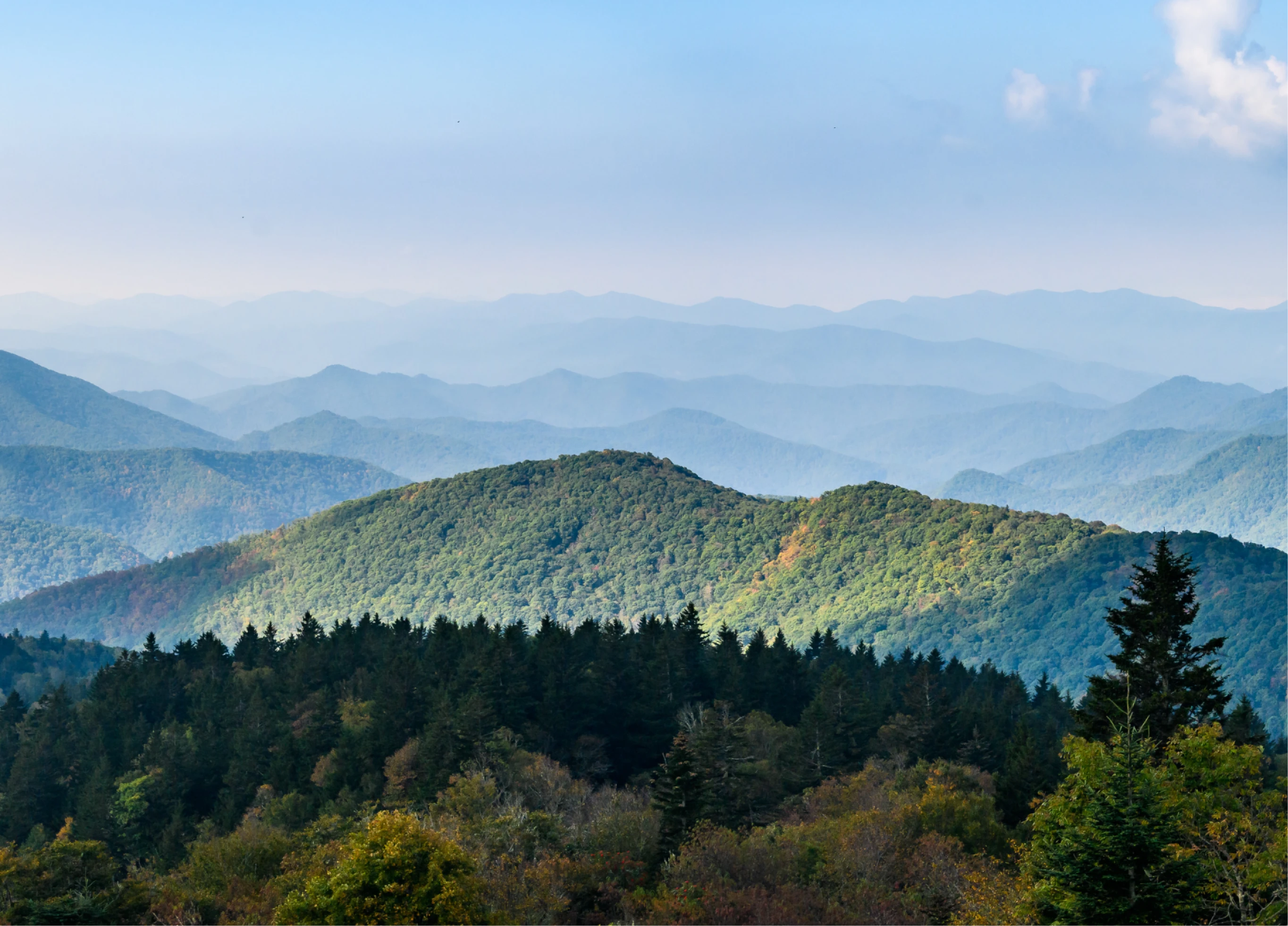 Layered mountain ranges under clear blue sky with forested hills in the foreground.