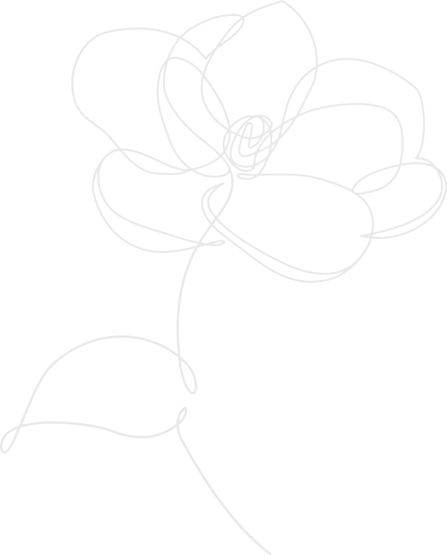 Minimalistic single-line drawing of a flower with petals and a leaf.
