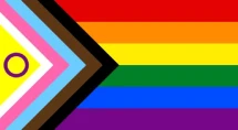 Progress Pride Flag with black, brown, light blue, pink, white, red, orange, yellow, green, blue, and purple stripes.