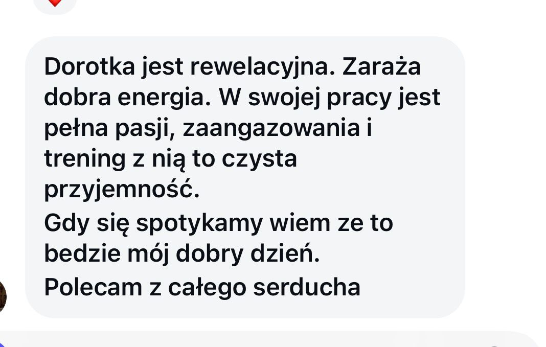 Zrzut ekranu wiadomości tekstowej w języku polskim z pochwałą dla Dorotki za jej pozytywną energię i zaangażowanie w pracy oraz z poleceniem z całego serca.