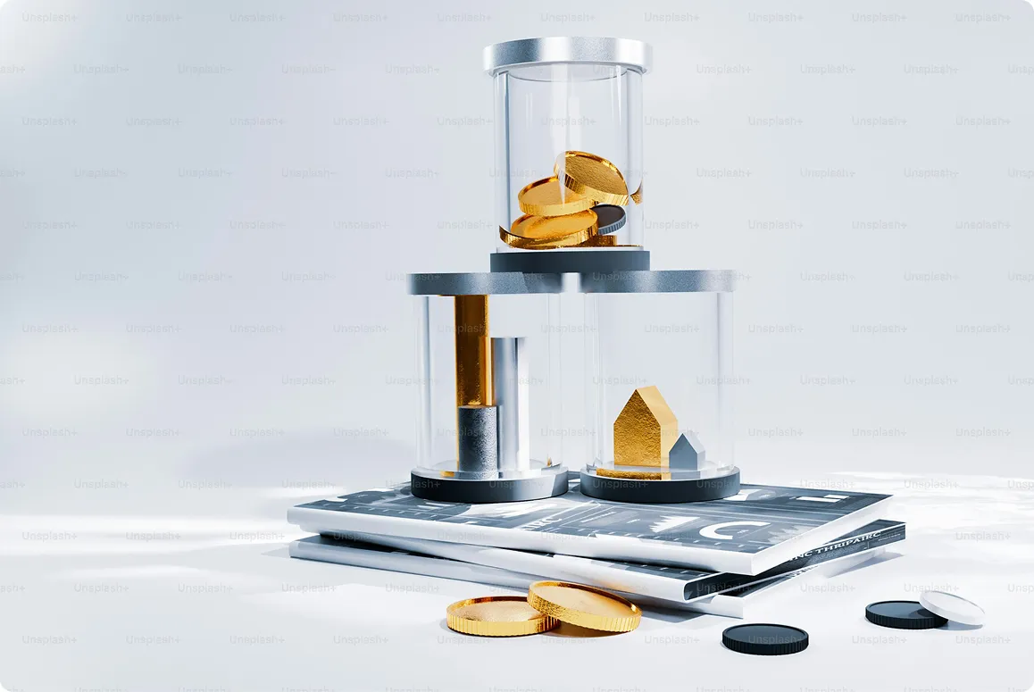 Three transparent containers with metallic lids holding gold coins and geometric objects stacked on magazines with scattered coins and tokens.