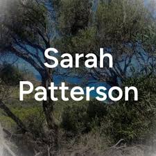 A podcast title with "Sarah Patterson" in white text infront of a photo of meandering teatree trees