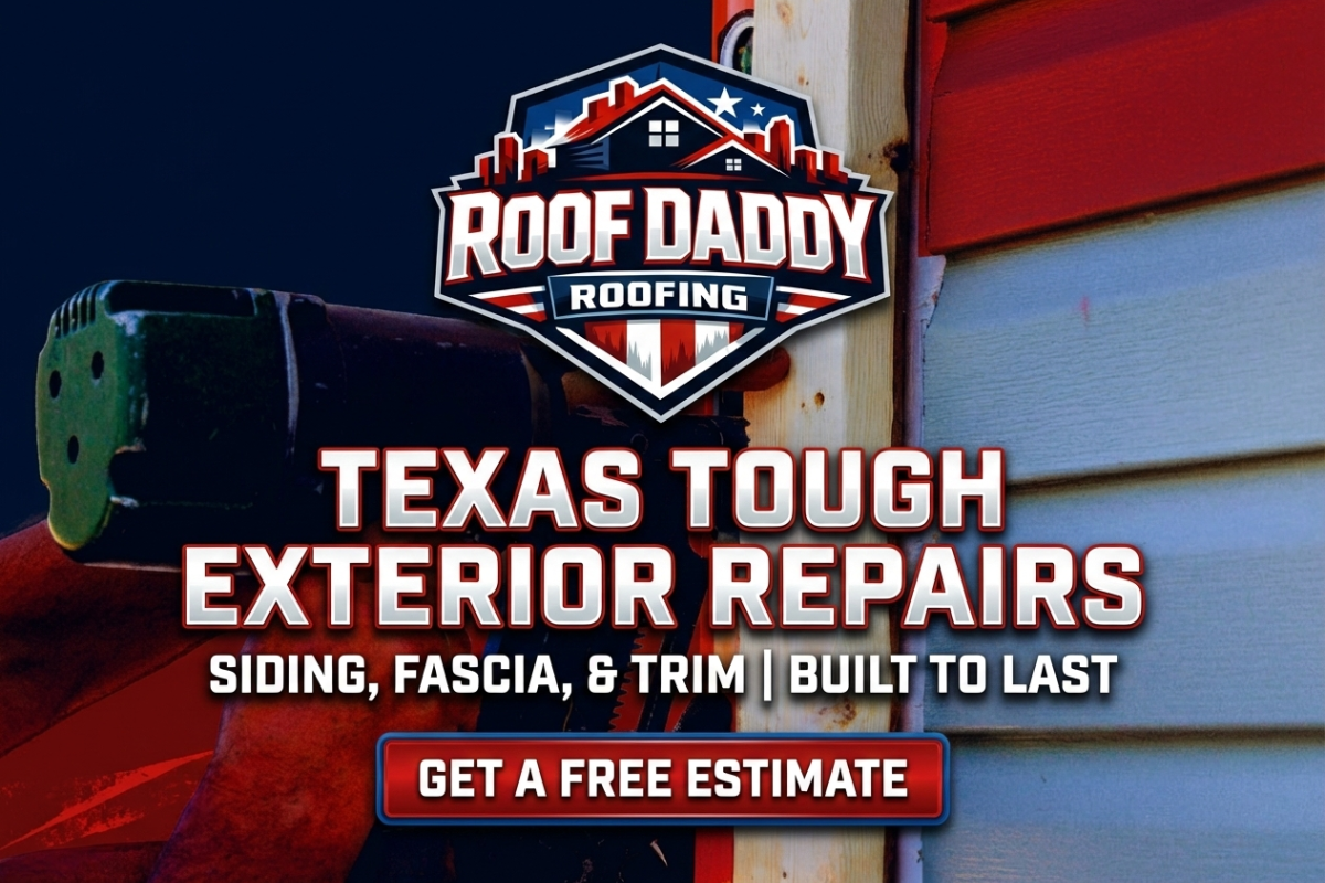 Damaged fascia board being replaced on a residential roof in Houston TX