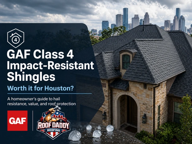 Close-up of GAF Timberline AS II Class 4 impact-resistant shingles installed on a Houston-area residential roof after hail damage