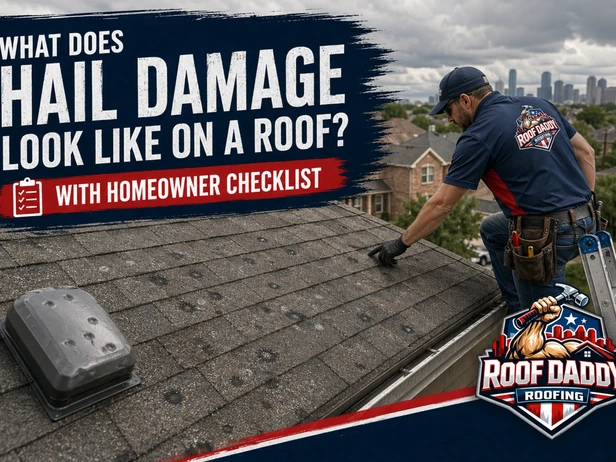 Close-up of asphalt shingles showing round hail impact marks with granule loss and exposed dark mat on a Houston residential roof