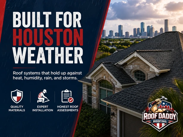 Side-by-side comparison of asphalt shingle, standing-seam metal, and concrete tile roofing on Houston homes showing different aging characteristics