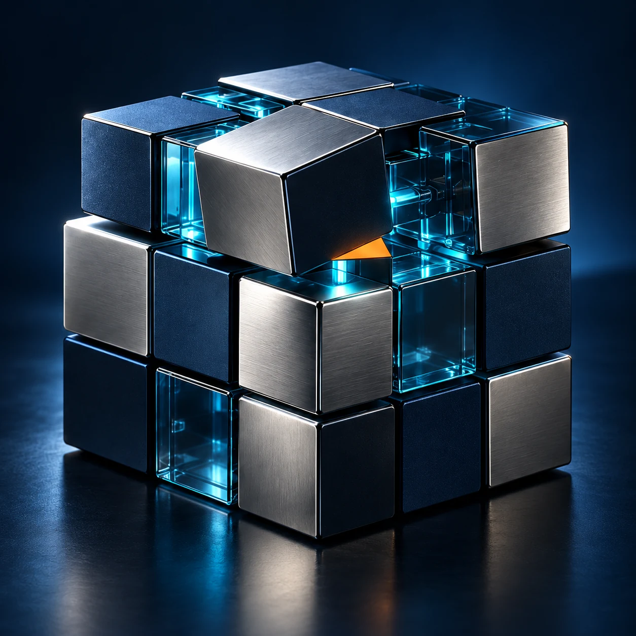 A realistic modular cube combining brushed titanium, navy ceramic and illuminated teal glass.