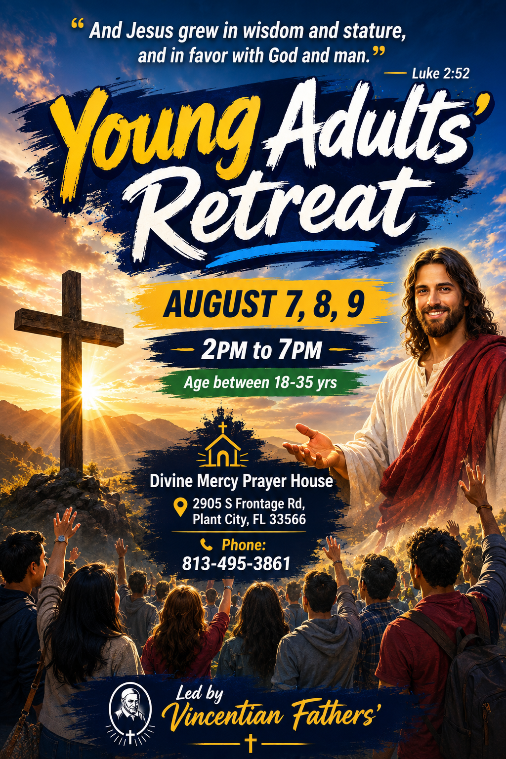 Young Adults' Retreat flyer, August 7, 8 and 9, 2026, 2 to 7 PM, ages 18 to 35, led by the Vincentian Fathers