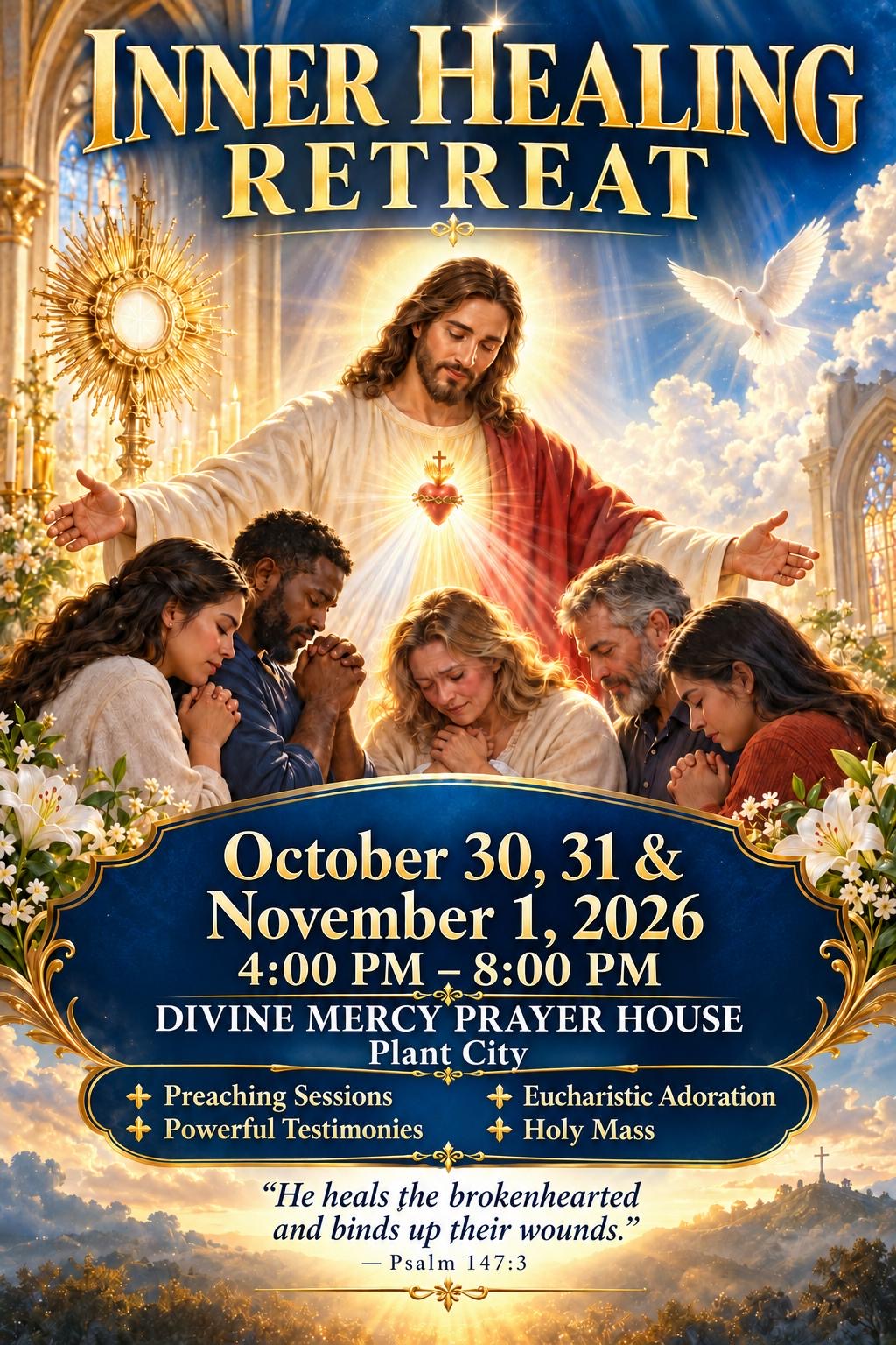 Inner Healing Retreat flyer: October 30, 31 and November 1, 2026, 4 to 8 PM at Divine Mercy Prayer House, Plant City