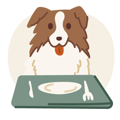 Illustration of a brown and white dog sitting at a table with an empty plate, fork, and knife.