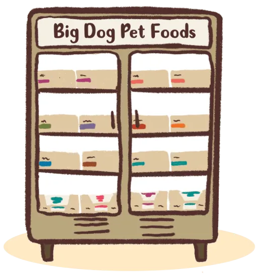 Illustration of a Fridge labeled Big Dog Pet Foods stocked with various packaged pet food items.