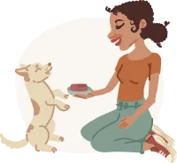 Woman kneeling while giving a bowl of Big Dog Pet Food to a standing small dog.