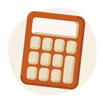Illustration of an orange calculator with blank buttons and display on a beige circular background.