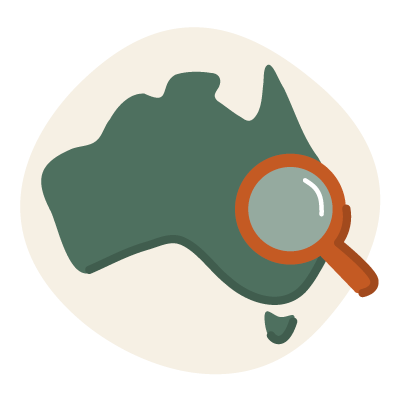 Illustration of the continent of Australia with a magnifying glass focusing on the southeastern region.