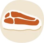 Illustration of a raw steak with visible muscle and fat sections on a beige background.