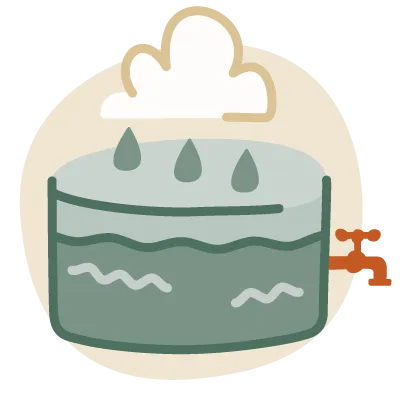 Illustration of a water tank with drops falling into it and a faucet on the side.