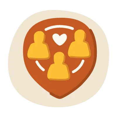 Icon of three connected people silhouettes surrounding a heart symbol inside a location pin.