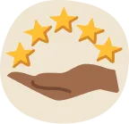 Illustration of a brown hand holding five golden stars arranged in an arc.