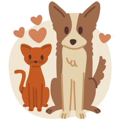 Illustration of a brown dog and an orange cat sitting with hearts around them.