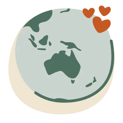 Illustration of planet Earth focusing on Australia and nearby islands with three orange heart icons above it.